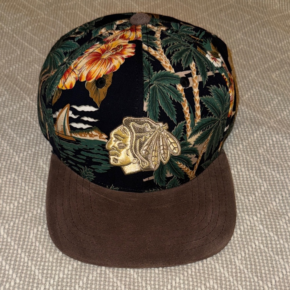 NHL Indians Tropical Patterned Cap with Brown Suede and Gold Embroidery Logo